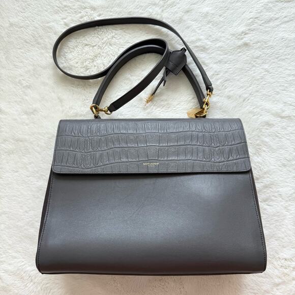 SAINT LAURENT Calfskin Crocodile Embossed Medium Moujik Top Handle Authentic - Picture 1 of 16